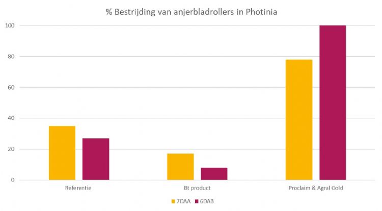 Figuur 1. Resultaten bestrijdingsproef anjerbladroller in <i>Photinia</i>. <i>Bron: Cultus Crop Research, 2018</i> Figuur 1. Resultaten bestrijdingsproef anjerbladroller in <i>Photinia</i>. <i>Bron: Cultus Crop Research, 2018</i>