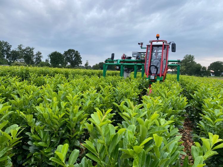 De portaaltrekker rijdt over drie rijen heen De portaaltrekker rijdt over drie rijen heen