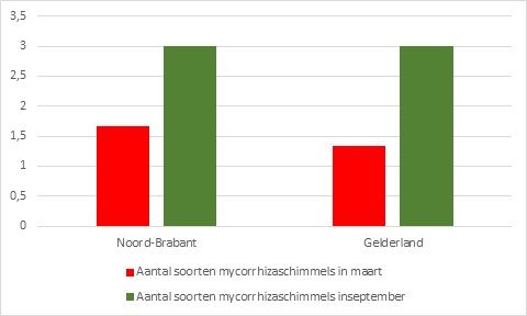 Fig. 3. Aantal soorten mycorrhizaschimmels rondom en in wortels van zuileiken op boomkwekerijen in Noord-Brabant en Gelderland in maart en september Fig. 3. Aantal soorten mycorrhizaschimmels rondom en in wortels van zuileiken op boomkwekerijen in Noord-Brabant en Gelderland in maart en september