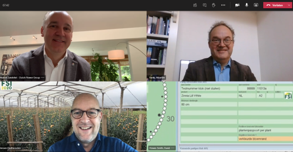 Linksboven Marcel Zandvliet, Dutch Flower Group, rechtsboven Maarten Bánki, Royal FloraHolland en linksonder Jeroen Oudheusden, FSI