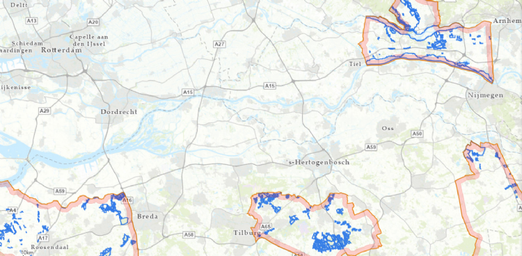 Uitsnede uit de NVWA-kaart met bacterievuurbufferzones