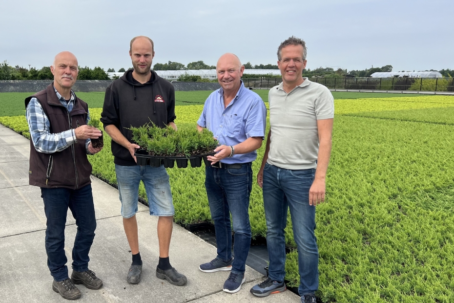 V.l.n.r.: Anton Buitenhuis, Bart Buitenhuis, Ron Verkade en Martin van Dijk met de 1933-bomentray 18-gaats